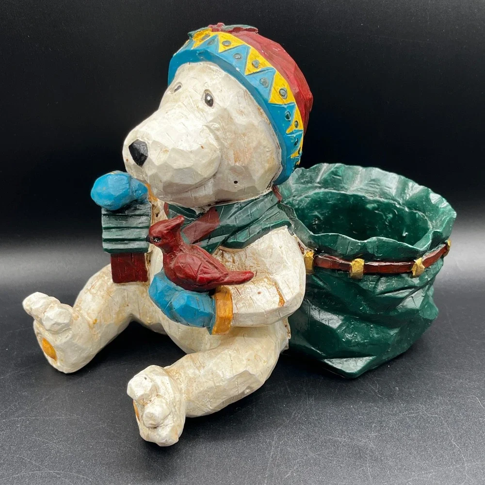 Holiday Resin Polar Bear Figurine Planter Candy Dish Cardinal Gift Sack 6.5